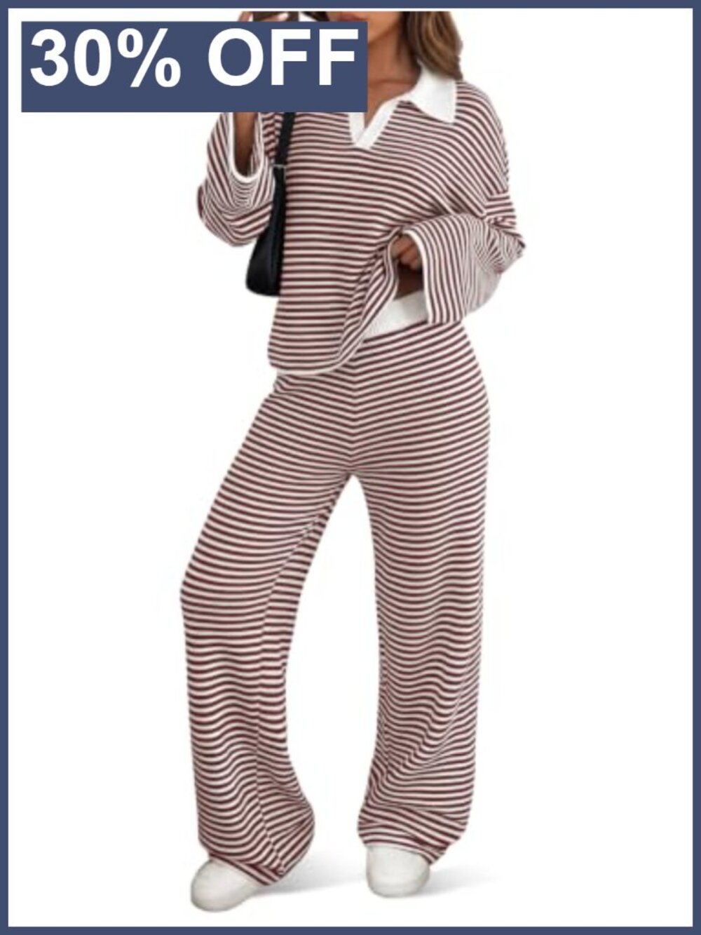 Striped Knit Sweater Set Collared Top Pants Lounge Casual